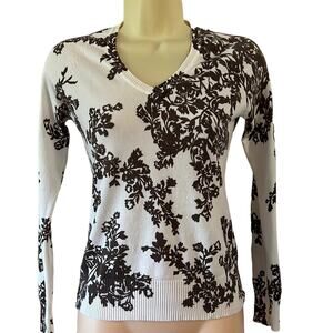 Gap Woman Size XS White & Brown Print V-Neck Sweater Pullover Lightweight